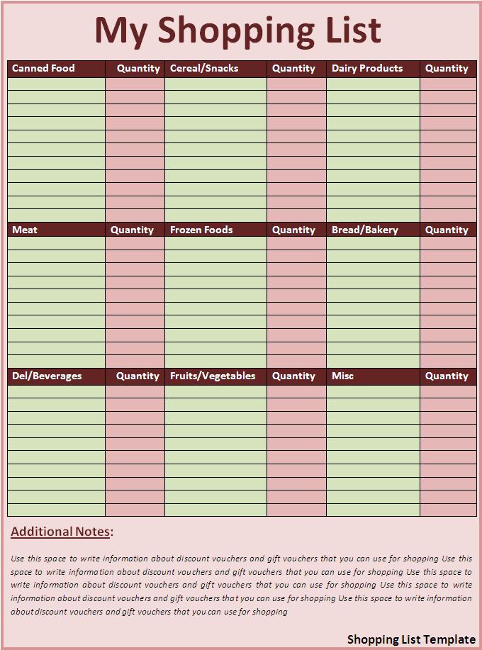 Microsoft Excel Shopping List Template