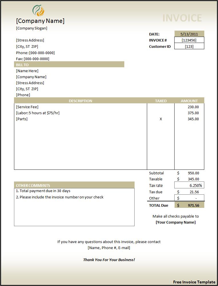 Free Service Invoice Template Word from www.aztemplates.org